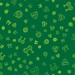 Set line Location with fire flame, Road barrier and Campfire on seamless pattern. Vector