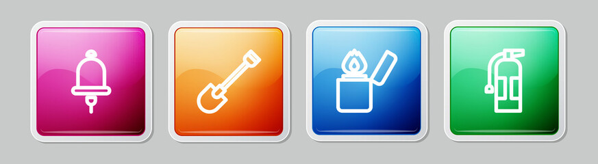 Set line Ringing alarm bell, Fire shovel, Lighter and extinguisher. Colorful square button. Vector