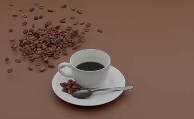 Top view of roasted coffee beans and hot coffee in white coffee cup on light brown background for coffee menus or cafe signs.