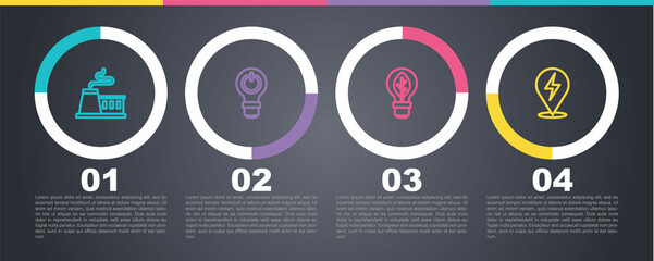 Set line Factory, Light bulb with lightning, leaf and Lightning bolt. Business infographic template. Vector