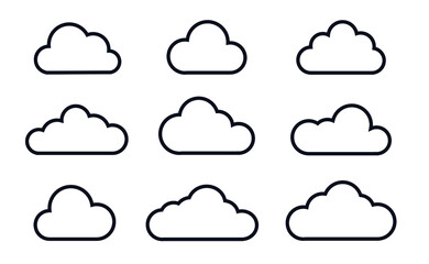 Cloud thin line icons set. Outline vector sign. Linear symbol of weather or database, network, internet storage. Logo design template. Overcast, cleen cloudy sky graphic element collection