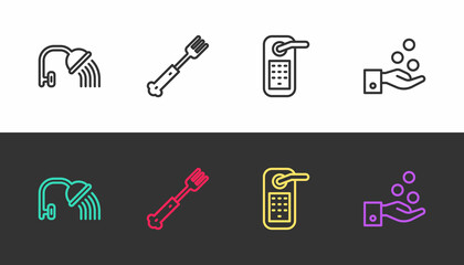 Set line Shower head, Fork, Digital door lock and Paying tips on black and white. Vector