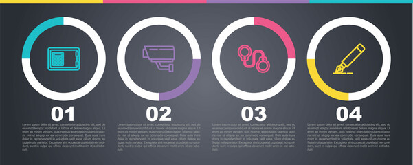 Set line Safe, Security camera, Handcuffs and Fountain pen nib. Business infographic template. Vector