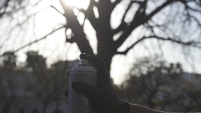 Close up view of a hand spraying paint to the air. Slow Motion video of a hand spays paint in air, Trees in bax=x