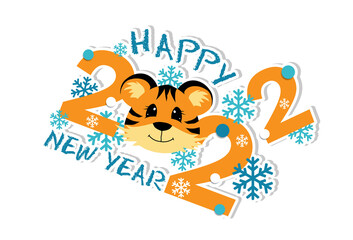 Sticker with symbol of the 2022 year. Cute face of the tiger with snowflakes. Colorful design for social media communication, networking, website badges, greeting cards.