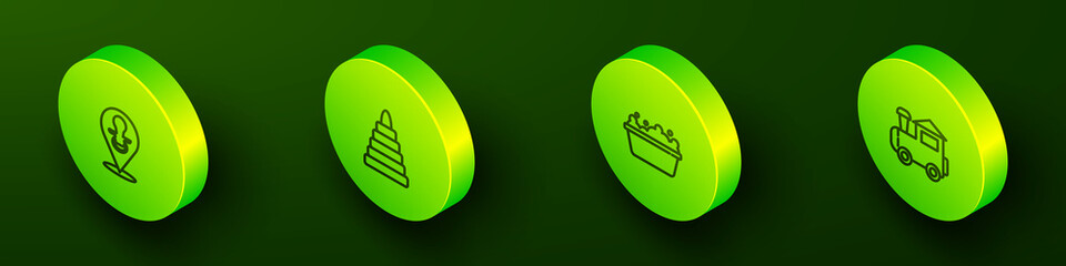 Set Isometric line Baby dummy pacifier, Pyramid toy, bathtub and Toy train icon. Vector