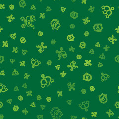 Set line Baby stroller, crib hanging toys and on shield on seamless pattern. Vector