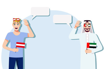 Men with Austrian and UAE flags. Background for text. Communication between native speakers of Austria and the UAE. Vector illustration.