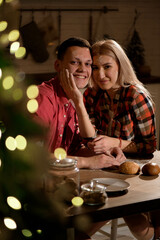 Young couple in love in the kitchen are playing with each other on Christmas evening.