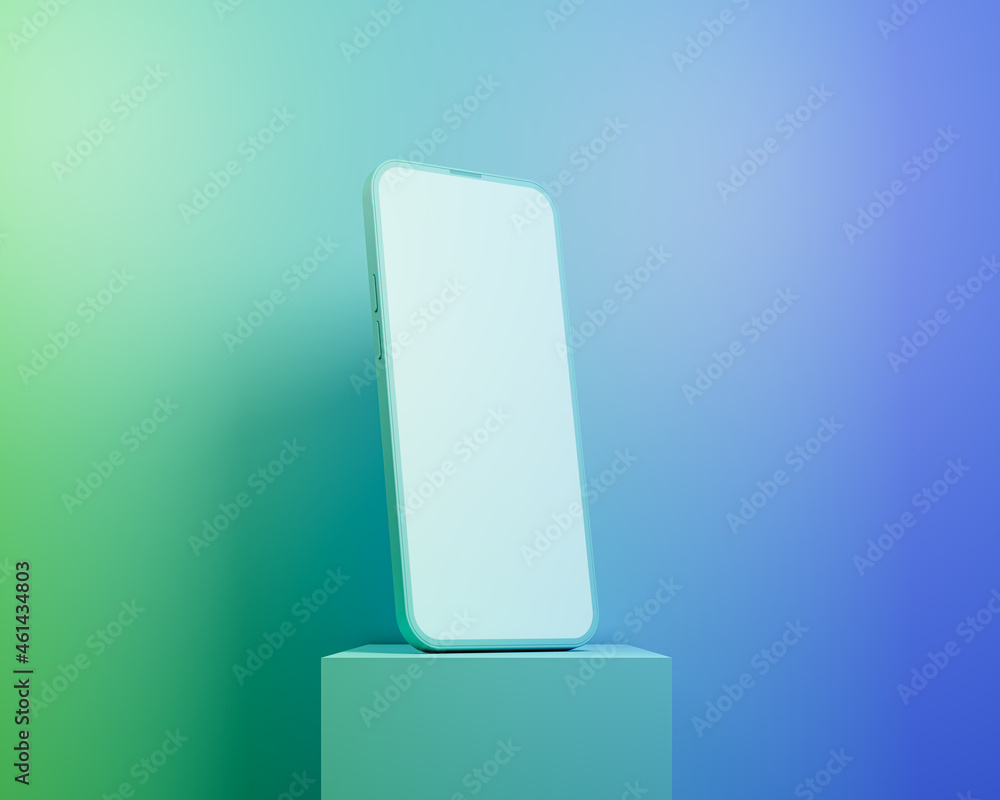 Poster a smartphone with a blank screen lies on the edge on the podium. background in gradient violet-green