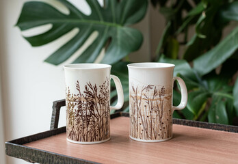 Porcelain cups with waterbrusj painting - on a wooden table with philodondendron in the background