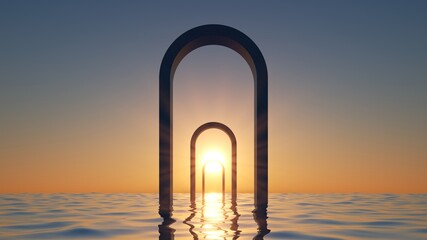 3d render, abstract minimal seascape with arches in the water. Background with golden sunset
