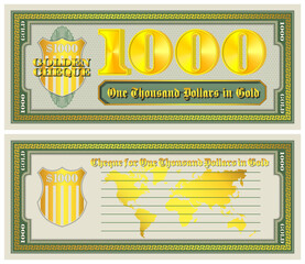A cheque for one thousand dollars in gold. Obverse and reverse of a paper check. 3d denomination 1000. Golden shield and world map