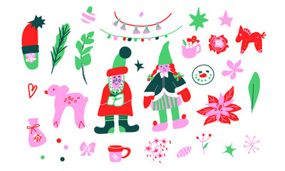 Vector Illustration set with flat style Christmas in bright color transparent background. Cute,New Year clip art hand drawn.Design for stickers,social media,packaging,web,postcards,posters.