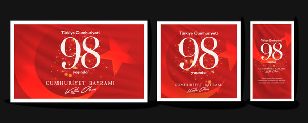 Naklejka premium Republic of Turkey - October 29, 1923. 98 yasinda; 29 Ekim; Turkiye Cumhuriyeti. Kutlu Olsun. Translation: 98 years; Happy Birthday. Mustafa Kemal Ataturk. Vector Illustration.