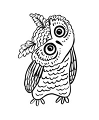 Hand drawn owl. Sketch for anti-stress adult coloring book in zen-tangle style. Vector illustration for coloring page.