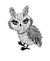 Hand drawn owl. Sketch for anti-stress adult coloring book in zen-tangle style. Vector illustration for coloring page.