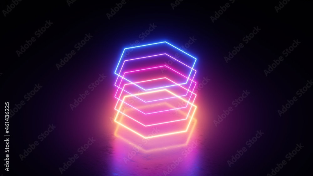Poster 3d render. abstract neon background with simple hexagonal geometric shapes, colorful spectrum lines 