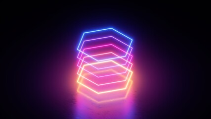 3d render. Abstract neon background with simple hexagonal geometric shapes, colorful spectrum lines glowing in the dark