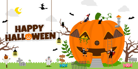 Halloween motif pumpkin house banner illustration with costume kids