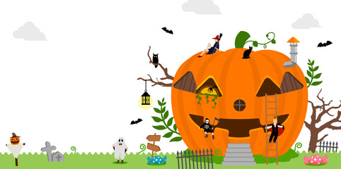 Halloween motif pumpkin house banner illustration with costume kids