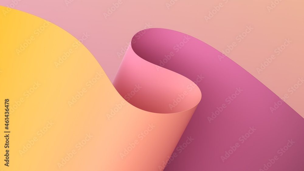 Wall mural 3d render, abstract minimal background with paper waves, modern wallpaper with yellow pink gradient,