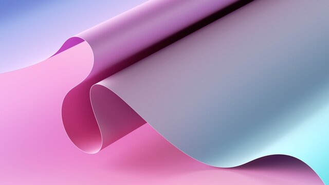 3d render. Abstract pastel pink blue background with folded paper scroll, wavy ribbon edge