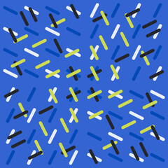 Blue background and colorful sticks. Black, white, yellow and blue sticks repeated pattern.