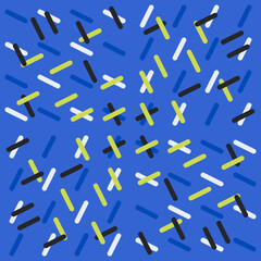 Blue background and colorful sticks. Black, white, yellow and blue sticks repeated pattern.