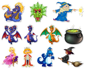 Sticker set with different fairytale cartoon characters