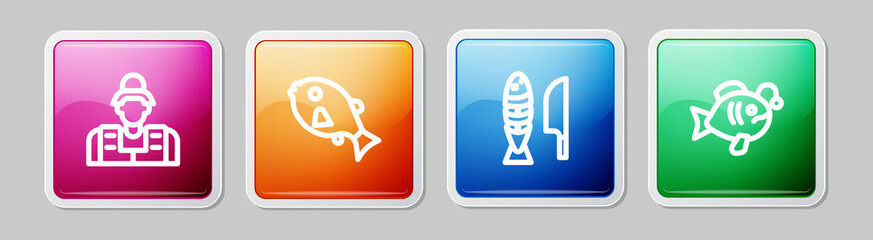 Set line Fisherman, Tropical fish, with sliced pieces and . Colorful square button. Vector
