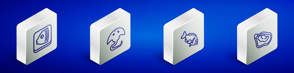 Set Isometric line Fish head, Stingray, and Mussel icon. Vector