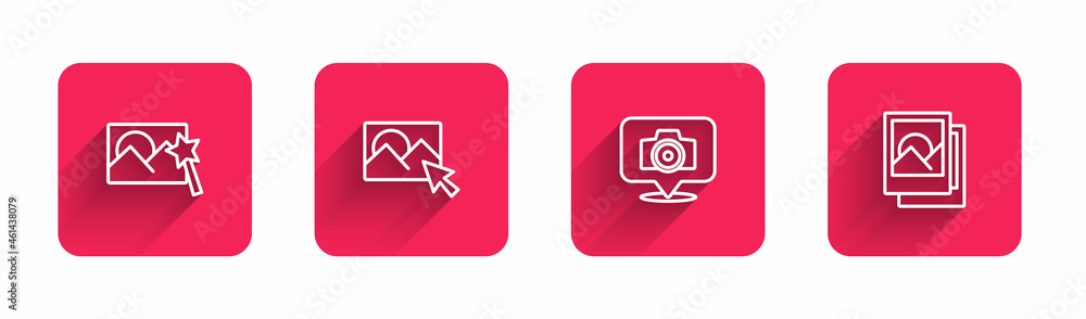 Poster set line photo retouching, , camera and frame with long shadow. red square button. vector