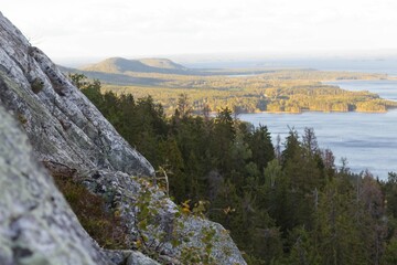 View from the mountain to the lake and forest
