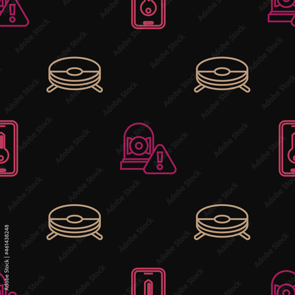 Aufkleber set line smart key, robot vacuum cleaner and ringing alarm bell on seamless pattern. vector