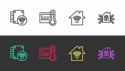 Set line Digital door lock, Thermostat, Smart home with wi-fi and on black and white. Vector