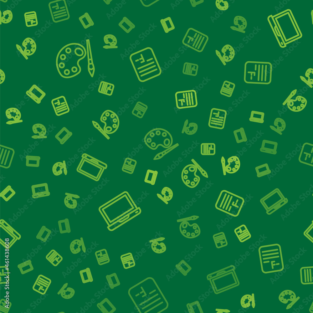 Poster set line paint brush with palette, laptop and exam paper incorrect answers on seamless pattern. vect