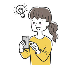 スマホを操作しながらアイディアを思いついた女性