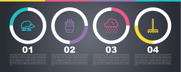 Set line Hedgehog, Coffee cup to go, Cloud with rain and Garden rake. Business infographic template. Vector