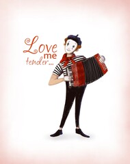 clown mime with accordion valentines card, watercolor style illustration with cartoon character