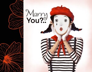 clown mime girl very surprised valentines card, watercolor style illustration with cartoon character