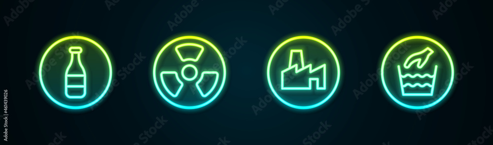 Sticker Set line Bottle, Radioactive, Factory production and Hand wash laundry. Glowing neon icon. Vector