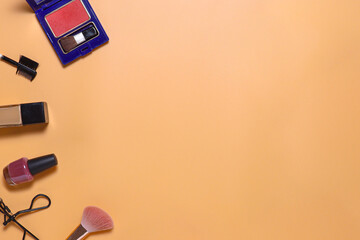 Creative flat lay composition of make up set with copy space 
