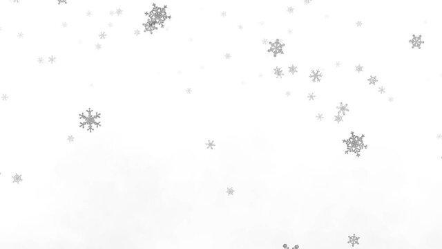 Snow fall over white background. Falling snow backdrop. Snowflakes closeup. Abstract winter wallpaper nature design. Slow motion video for screen mode using.