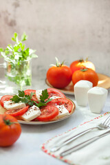 
Red tomatoes with mozzarella cheese on a served table. Healthy breakfast.