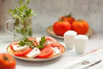 
Red tomatoes with mozzarella cheese on a served table. Healthy breakfast.