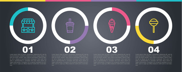 Set line Ticket box office, Paper glass with water, Ice cream in waffle cone and Lollipop. Business infographic template. Vector