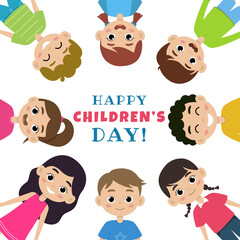 Happy world children's day poster concept. Children smiling and standing on circle forming a frame. International kids holiday. Vector illustration design for greeting card, banner, web post, poster