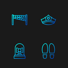 Set line Footsteps, Flasher siren, Crime scene and Police cap with cockade. Gradient color icons. Vector