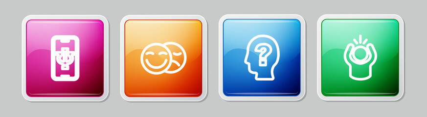 Set line Psychologist online, Comedy and tragedy masks, Head with question mark and Anger. Colorful square button. Vector
